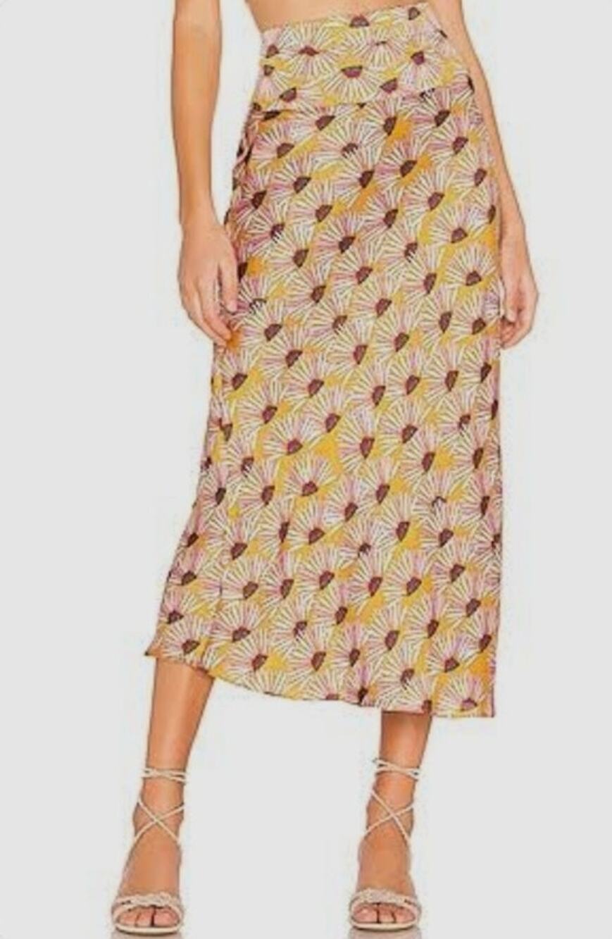 Free People Normani Printed Bias Midi Skirt SZ 6 Floral Marigold Yellow Boho